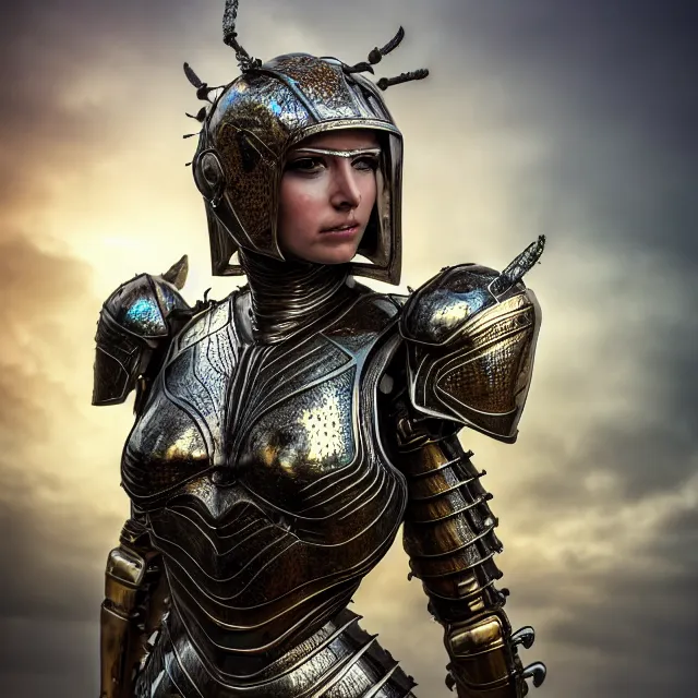 Prompt: full body photo of a beautiful cute strong warrior queen wearing insectoid armour, highly detailed, 8 k, hdr, smooth, sharp focus, high resolution, award - winning photo