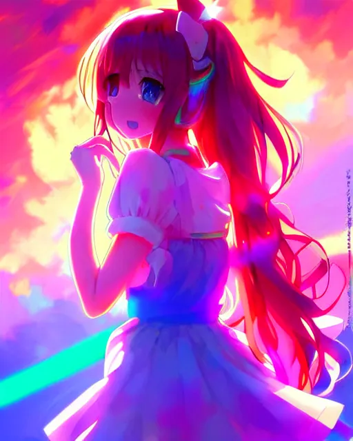 Prompt: anime style, vivid, expressive, full body, 4 k, painting, a cute magical girl idol with a long wavy hair wearing a colorful dress, correct proportions, stunning, realistic light and shadow effects, neon lights, studio ghibly makoto shinkai yuji yamaguchi