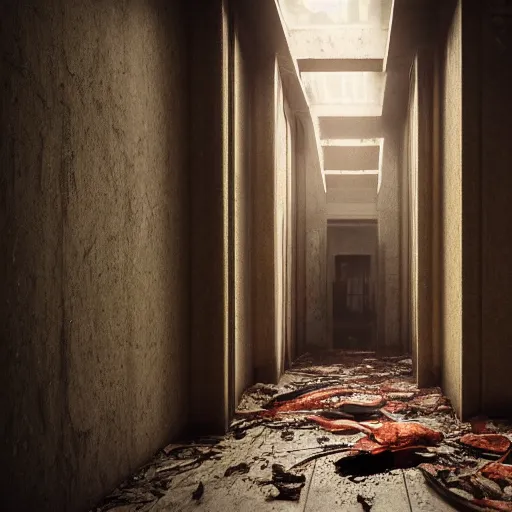 Image similar to a bloody hallway in an abandoned hospital, au naturel, hyper detailed, digital art, trending in artstation, cinematic lighting, studio quality, smooth render, unreal engine 5 rendered, octane rendered, art style by klimt and nixeu and ian sprigger and wlop and krenz cushart