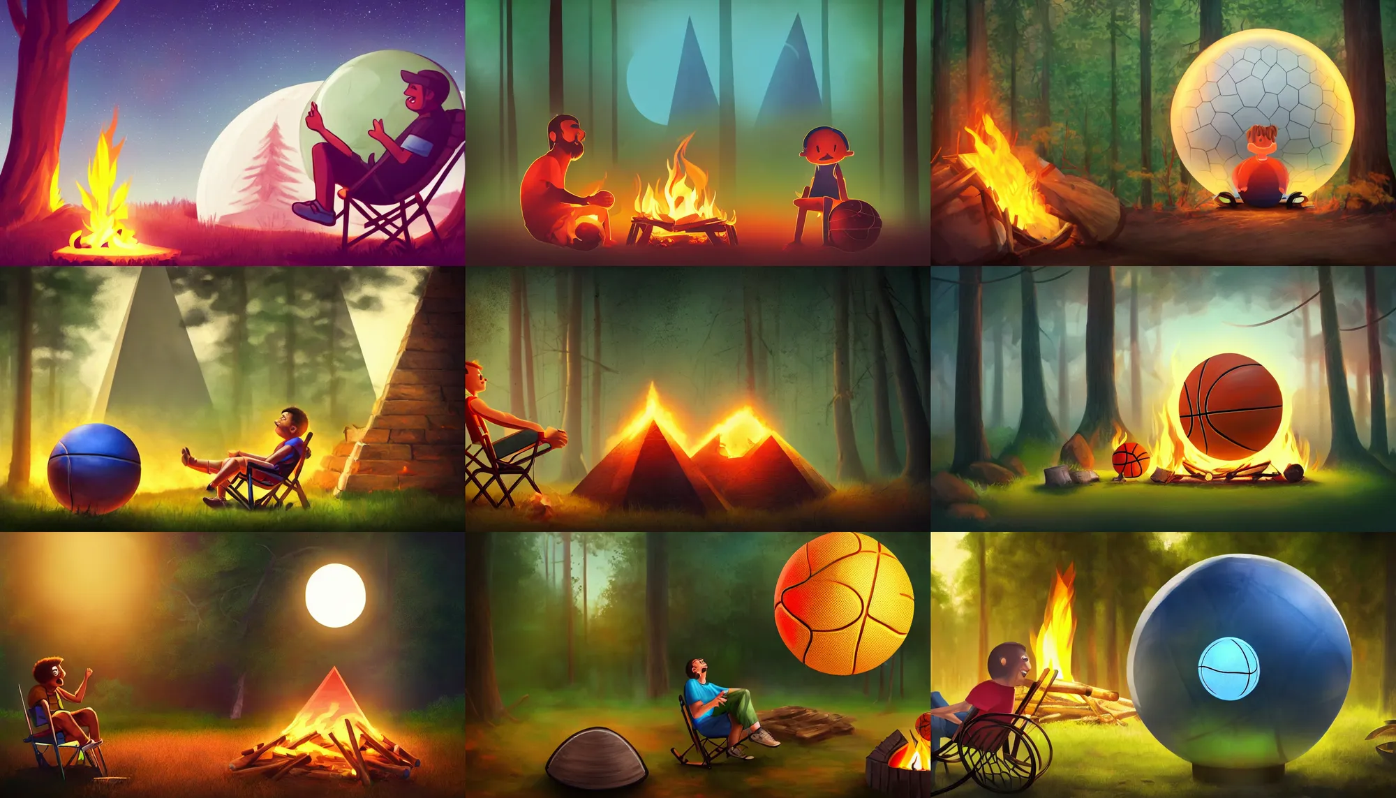 Prompt: a happy basketball, sitting in a lawnchair, at a campfire in the forest, staring at a sphere rolling off the side of a pyramid, sideview, artstation, masterpiece, using gradients and the degrade technique