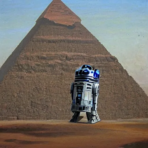 Prompt: r 2 d 2 in egyptian pyramid wall, ancient painting