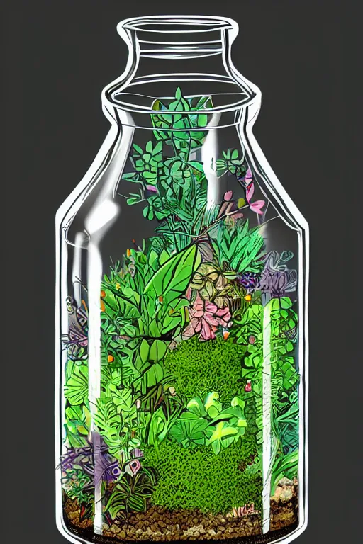 Prompt: a glass jar terrarium filled with plants, highly detailed, digital art, sharp focus, trending on art station, illustration