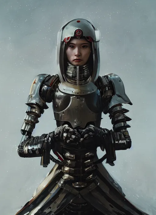 Prompt: A portrait of a female cyborg in medieval japonese armour by Greg Rutkowski, Sung Choi, Mitchell Mohrhauser, Maciej Kuciara, Johnson Ting, Maxim Verehin, Peter Konig, final fantasy, 8k photorealistic, cinematic lighting, HD, high details, dramatic, atmospheric , trending on artstation