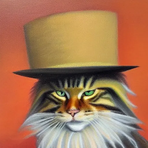 Image similar to Beautiful Oil painting of an orange Maine-coon with a white beard. wearing a wide-brimmed straw sombrero sombrero