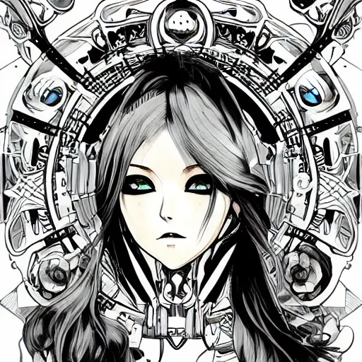 Image similar to anime manga skull portrait girl female robot cyborg mecha skeleton illustration detailed style by Alphonse Mucha pop art nouveau