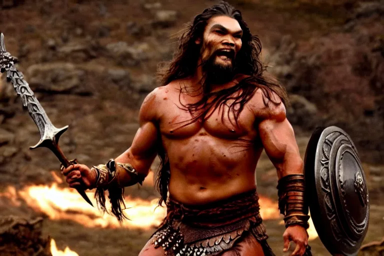 Image similar to film still from conan the barbarian, jason momoa as conan, wearing royal crimson fantasy ornate spartan dragon scale armor, volumetric lighting, wet skin and windblown hair, muscular!!!, battle action pose, ridley scott, high contrast