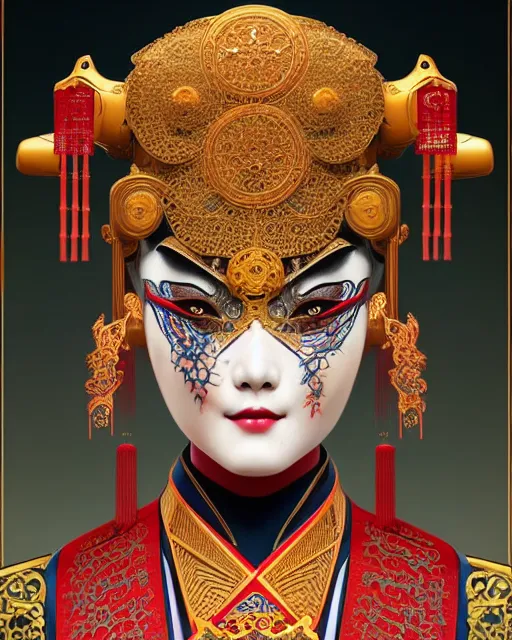 Image similar to symmetry!! portrait of a chinese opera robot, machine face, decorated with pharoanic motifs, intricate, elegant, highly detailed, digital painting, artstation, concept art, smooth, sharp focus, illustration, art by artgerm and greg rutkowski and alphonse mucha, 8 k