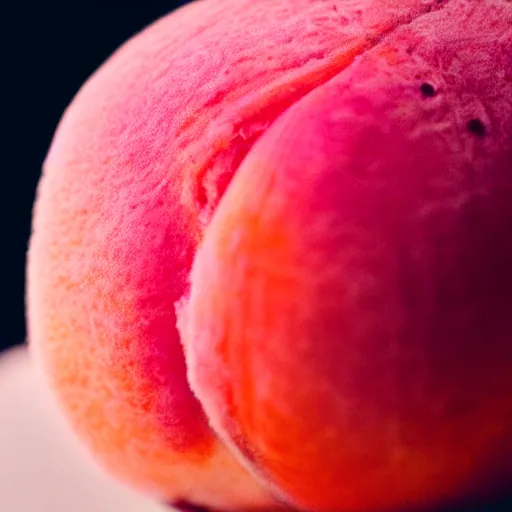 Image similar to a macro photo of a round peach's dry hairy skin, hyper realistic, hyper detailed, 35mm, very grainy film, pink volumetric studio lighting, bokeh, black background award winning shot, vogue magazine, cinematic, 8k, very closeup, elegant, tender, pastel