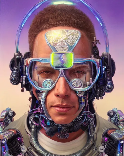 Image similar to a futuristic male hippie wearing tie - dye and cybernetic - implants | cyberpunk art | highly detailed | very intricate | symmetrical | cinematic lighting | award - winning | closeup portrait | painted by donato giancola and mandy jurgens and rossdraws and rhads | featured on artstation