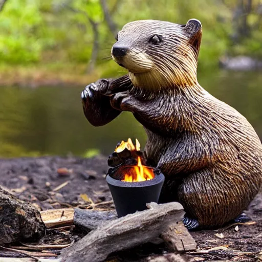 Prompt: a beaver building a fire pit