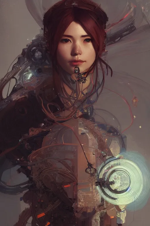 Prompt: A full portrait of a powerful beautiful futuristic dystopian junktown Japanese techromancer sorcerer enchanter, intricate, elegant, highly detailed, digital painting, artstation, concept art, smooth, sharp focus, illustration, art by Krenz Cushart and Artem Demura and alphonse mucha