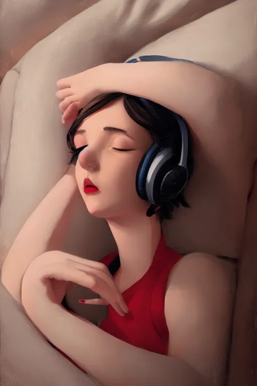 Prompt: a cute young woman lying in a den of pillows listening to music with her eyes closed and wearing headphones, black bob cut hair, cozy setting, red and white, warm lighting, cinematic, moody, oil on canvas, in the style of Ilya Kuvshinov, Krenz Cushart, Range Murata, Eero Aarnio, 8k