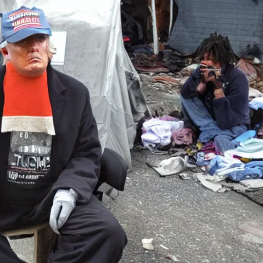 Image similar to donald trump dressed as a homeless man living in the slums