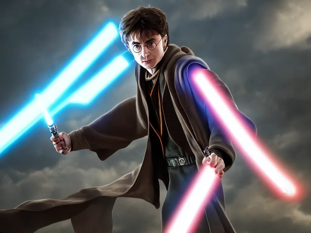 Prompt: harry potter as a jedi wielding a lightsaber, octane render, cinematic, 8 k