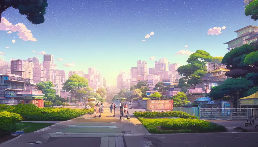 Image similar to A highly detailed matte painting of a japanese urban residential street and park with a bright shimmering sky by Studio Ghibli, Mokoto Shinkai, by Artgerm, by beeple, volumetric lighting, octane render, 4K resolution, trending on artstation, vivid colours