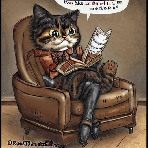 Image similar to steampunk cat sits in a chair in front of a fireplace in a book lined room and smokes a pipe. realistic and detailed