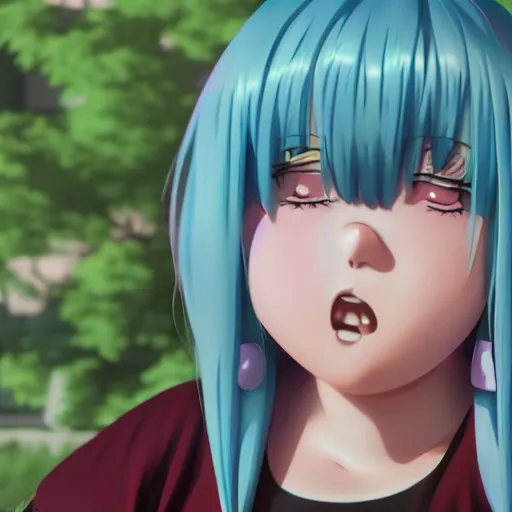 Image similar to morbidly obsese anime girl, anime girl with purple hair, kawaii girl, absurdly fat girl, 1, 2 0 0 pound girl, octane render, 2 0 1 9 anime