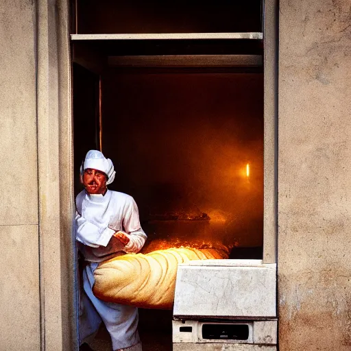 Image similar to portrait of a baker fighting bread trying to escape the oven, by Steve McCurry and David Lazar, natural light, detailed face, CANON Eos C300, ƒ1.8, 35mm, 8K, medium-format print