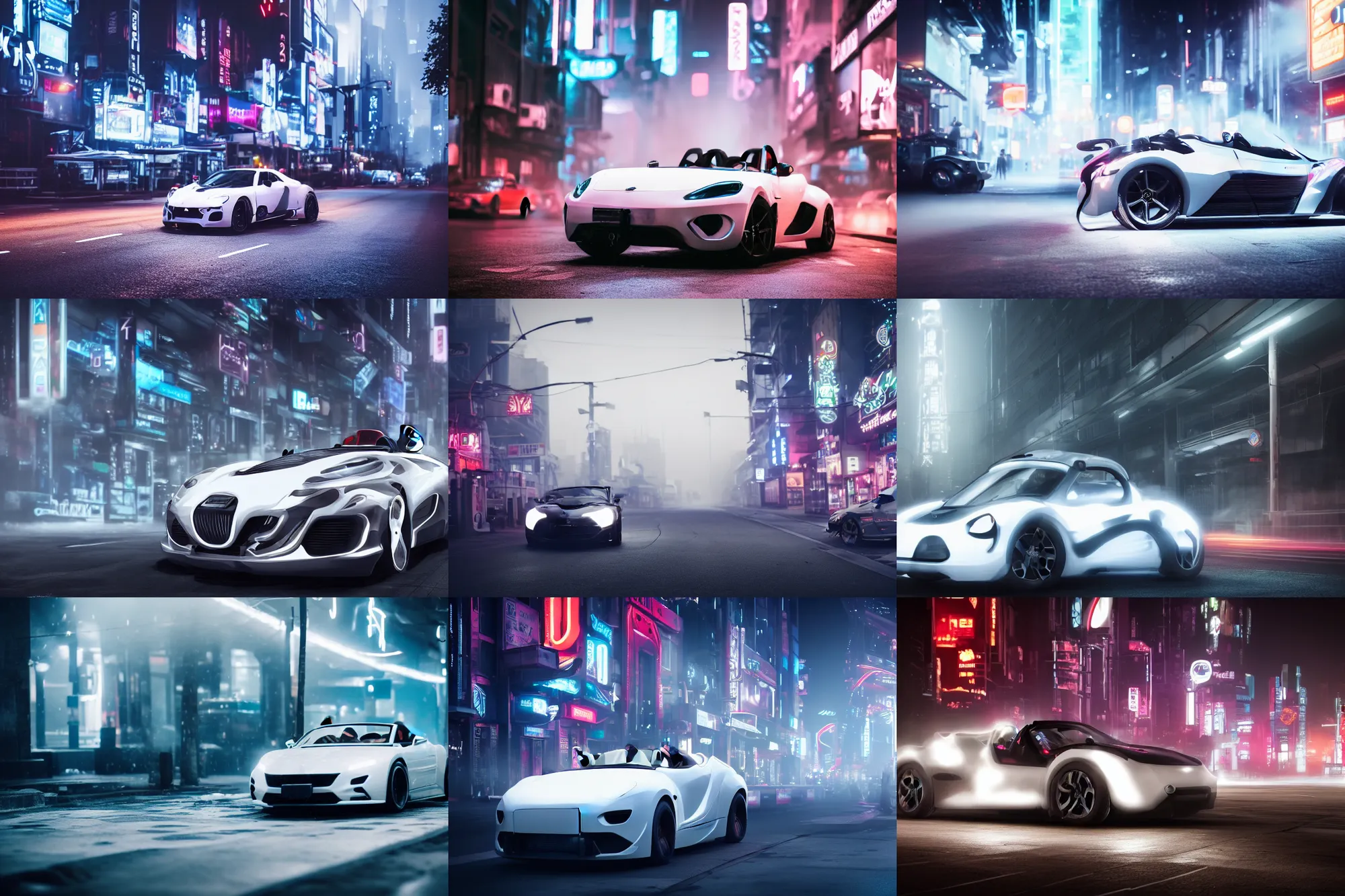 Prompt: a cool roadster with white fur material and looks like a panda parking in the street, foggy, Cyberpunk, neon light, 4k, hd, highly detailed
