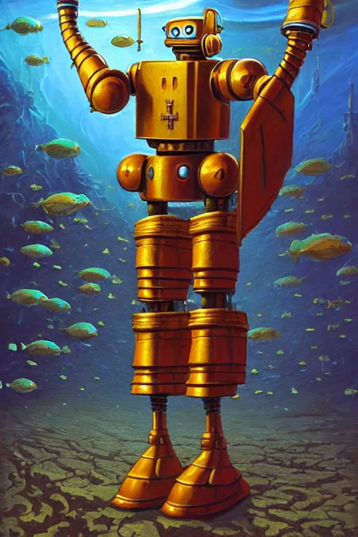 Prompt: classic oil painting, a robot that is wearing medieval robes, as a dnd character, standing under the sea, cottagecore, highly detailed, digital illustration, concept art, smooth, sharp focus, art by greg hildebrandt, and tim hildebrandt