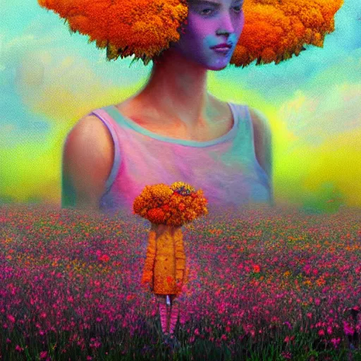 Image similar to girl with a mega flower as a face, surreal photography, dream, standing in flower field, hills, big trees, sunrise dramatic light, impressionist painting, colorful clouds, digital painting, pointillism, artstation, simon stalenhag, flower face