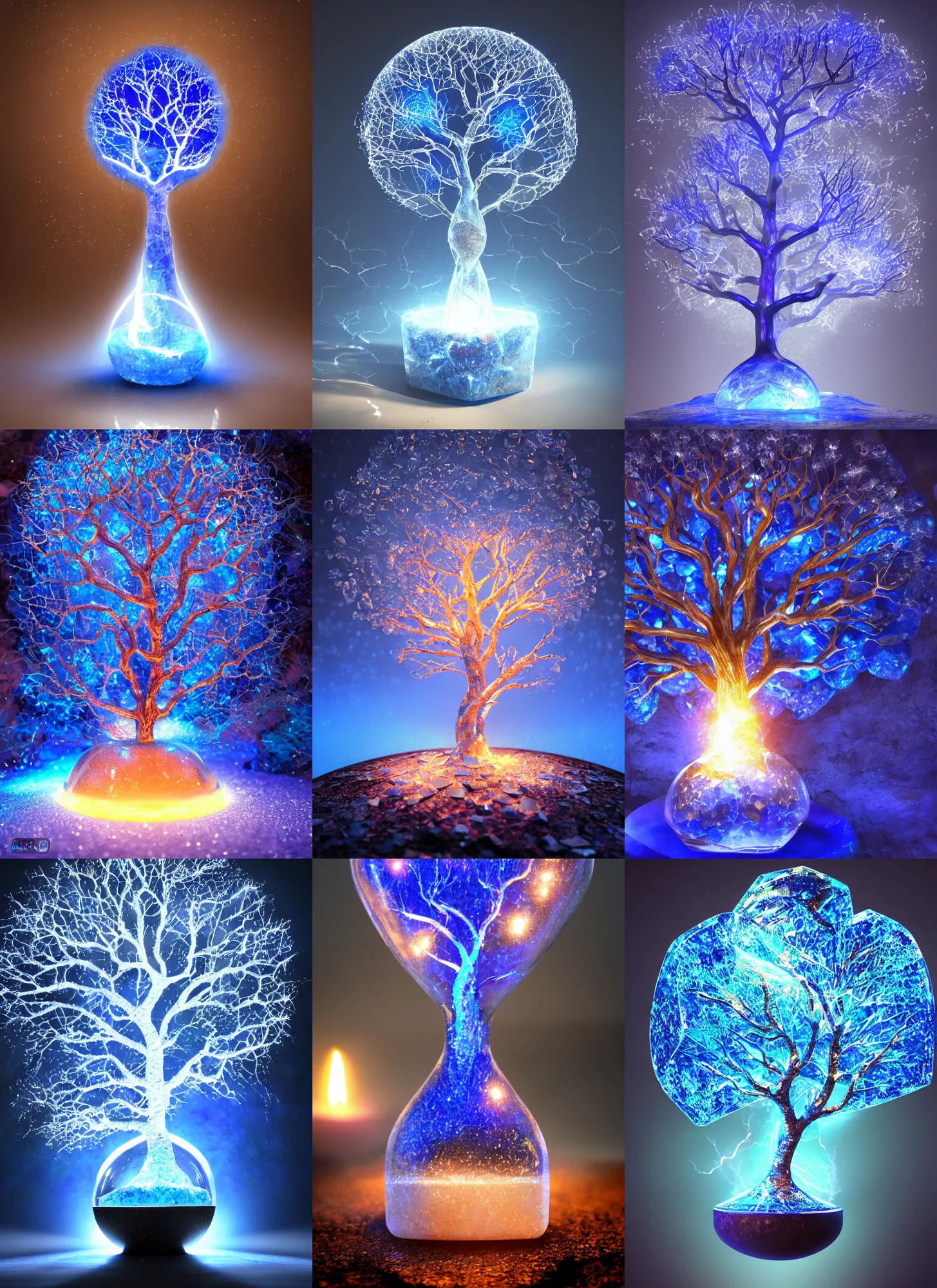 Prompt: sparkling heart blue mana tree inside a marble, himalayan rocksalt lamp, hourglass, lightning, intricate detail, volumetric lighting, epic composition, hyper detailed, ultra realistic, sharp focus, octane render, candle, volumetric, ray tracing, artstation trending, cgsociety, sense of awe, swirling mist, 4 k