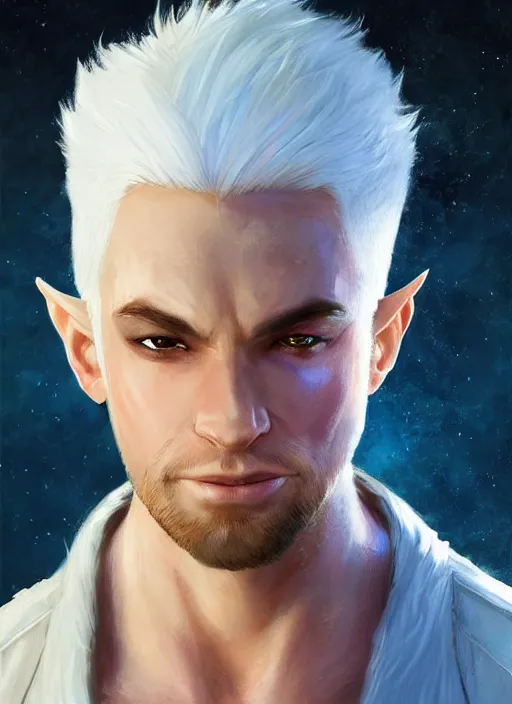 Prompt: young man with white hair and white goatee, dndbeyond, bright, colourful, realistic, dnd character portrait, full body, pathfinder, pinterest, art by ralph horsley, dnd, rpg, lotr game design fanart by concept art, behance hd, artstation, deviantart, hdr render in unreal engine 5