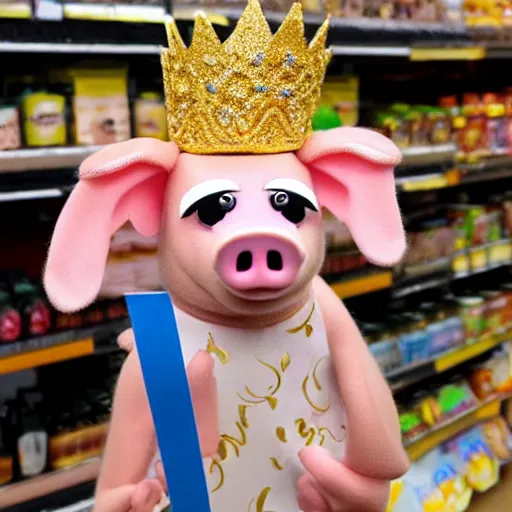 Image similar to cute pig wearing a gold crown as a Muppet 8k shopping at a grocery store