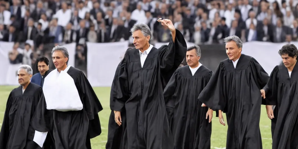 Prompt: Mauricio Macri and judges in black robes playing football