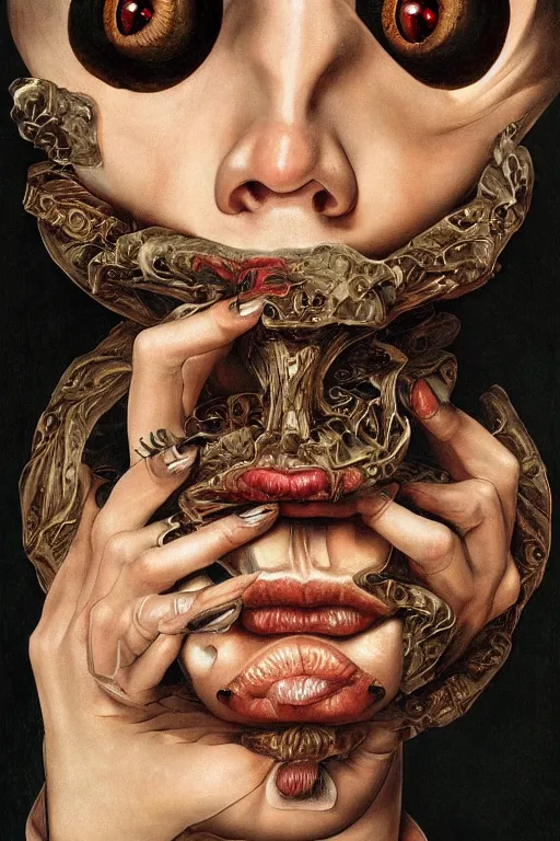 Prompt: Detailed maximalist portrait with large lips and with large wide eyes, surprised expression, extra flesh and eyes, HD mixed media, 3D collage, highly detailed and intricate, surreal illustration in the style of Caravaggio, dark art, baroque