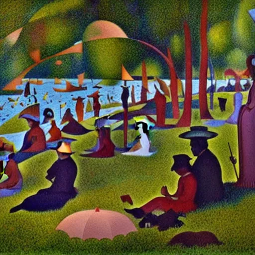 Prompt: a sunday afternoon on the island of la grande jatte in the style of pedro bell, parliament, funkadelic, george clinton, bootsy collins, the mothership, chocolate city