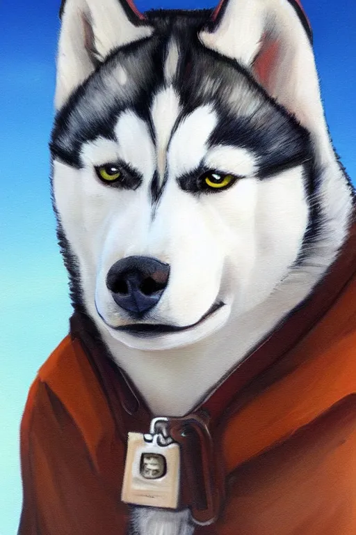 Image similar to a portrait painting of a husky in cowboy costume, character design, anime, furry