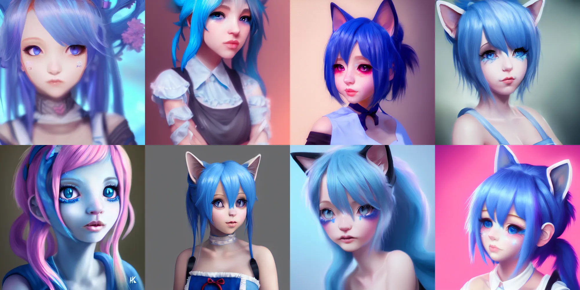 Prompt: very beautiful digital painting of a blushing blue-haired cat girl, neko, maid, wlop, trending on artstation,hyperdetailed, Unreal Engine 4k, 8k, ultra HD