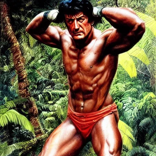 Image similar to color portrait of sylvester stallone in the jungle by frank frazetta