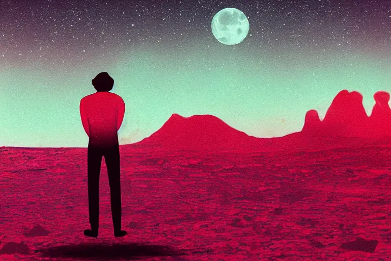 Image similar to a sad human standing on mars in the style of flooko, acrylic art, detailed, moonlight, red lighting, bokeh, synthwave, psychedelic, glitch, neon,