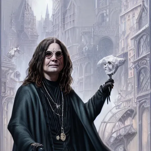 Image similar to a portrait of ozzy osborne as a wizard, urban motifs, intricate, elegant, highly detailed, digital painting, trending on artstation, concept art, smooth sharp focus, illustration, art by artgerm and greg rutkowski