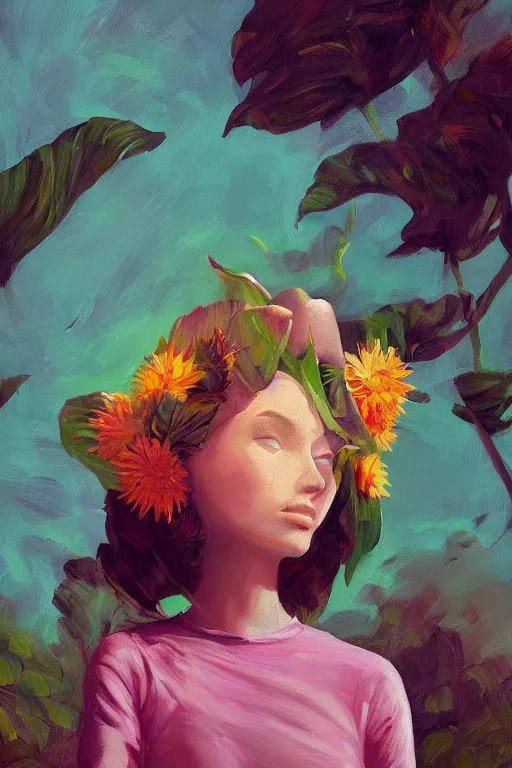 Image similar to closeup, girl with giant flower head, monsteras overhead, surreal photography, wind and cold, dramatic sky, impressionist painting, digital painting, artstation, simon stalenhag