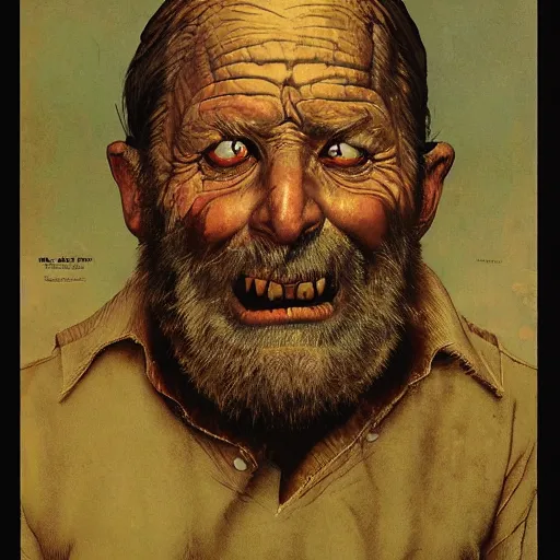 Image similar to pine cone headed man with hard black eyes very surprised, rule of thirds, super sharp, 4 k, ultra detailed, norman rockwell, richard corben.