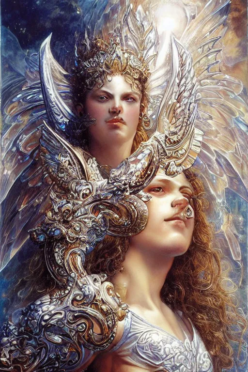 Prompt: white muscular angel with beautiful face, wearing diamond armor, shining light, jewelry, god rays by Karol Bak, Ayami Kojima, Amano