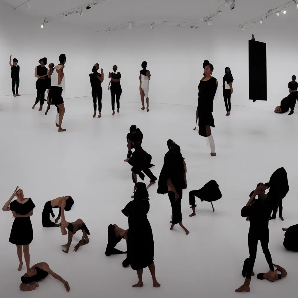 Image similar to a white space and a black subject contemporary art performance