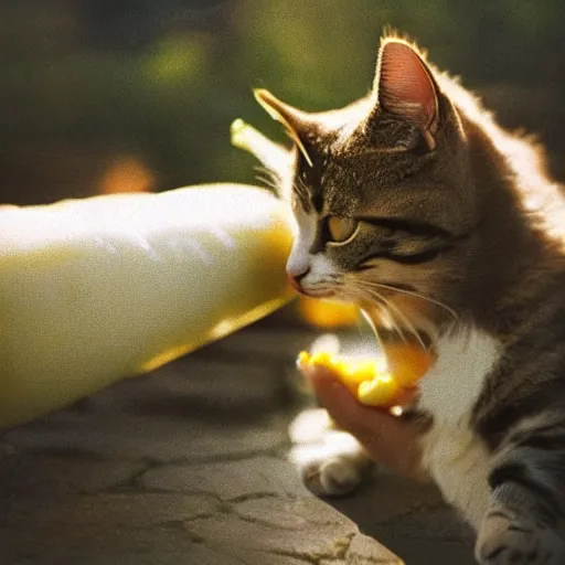 Image similar to low resolution photograph of a cat eating corn on the cob