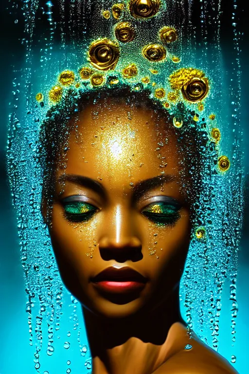 Prompt: hyperrealistic modern cinematic very expressive! black oshun goddess, in water up to her shoulders, mirror dripping droplet!, gold flowers, highly detailed face, digital art masterpiece, smooth eric zener cam de leon, dynamic pearlescent teal light, tilt angle uhd 8 k, sharp focus