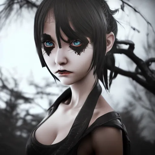 Prompt: photorealistic portrait of angry darkness anime girl, inspired by Tim Burton, detailed, unreal engine 4k