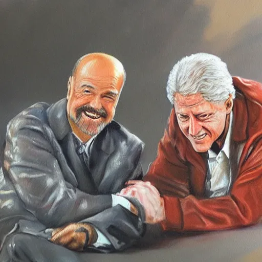 Prompt: highly detailed oil painting, concept art, dr phil and bill clinton, holding hands and dancing on a pile of dead kids, concept art, highly detailed