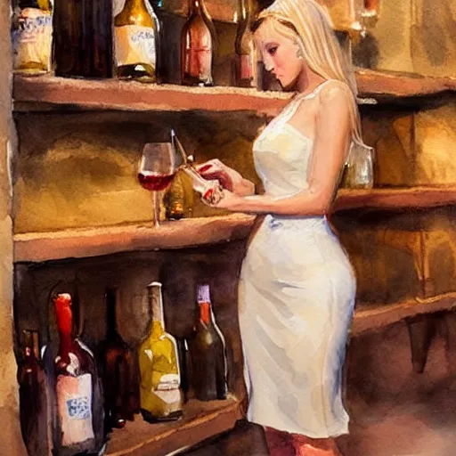 Image similar to hot blonde in tight dress in a wine cellar, food, pork, beer, schnapps, rustic, traditional, torches on the wall, watercolor by vladimir volegov, highly detailed, masterpiece