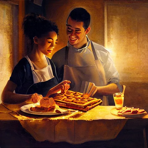 Image similar to oil painting of one young man and one young woman baking waffles in romantic light