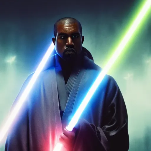 Image similar to Portrait of Kanye West as a jedi in Star Wars, splash art, cinematic lighting, dramatic, octane render, long lens, shallow depth of field, bokeh, anamorphic lens flare, 8k, hyper detailed, 35mm film grain