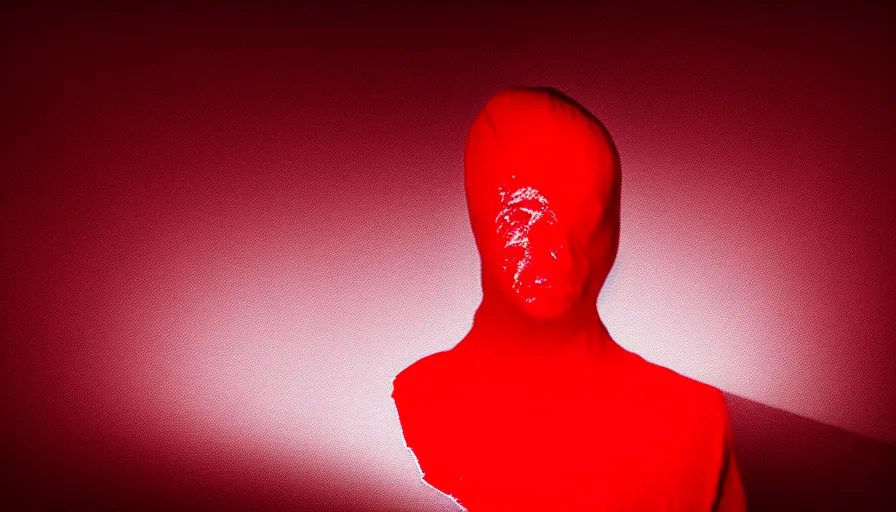 Image similar to photograph of enigmatic figure wrapped in red sheet in darkness, high contrast, hard light, digital art, rendering, cloth simulation, redshift