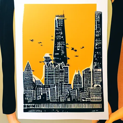 Prompt: screenprint serigraphy art depicting city