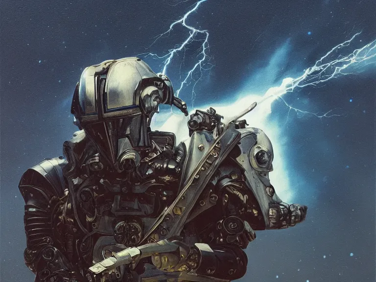 Image similar to a detailed profile oil painting of a bounty hunter in armour and visor, cinematic sci-fi poster. technology flight suit, portrait symmetrical and science fiction theme with lightning, aurora lighting clouds and stars. Clean and minimal design by beksinski carl spitzweg and tuomas korpi. baroque elements. baroque element. intricate artwork by caravaggio. Trending on artstation. 8k